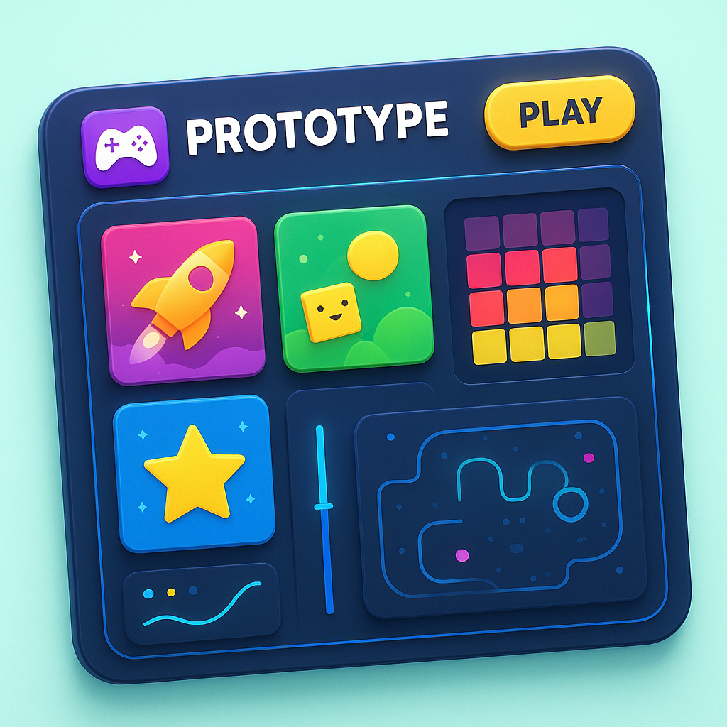ArcadeForge dashboard with colorful prototype tiles